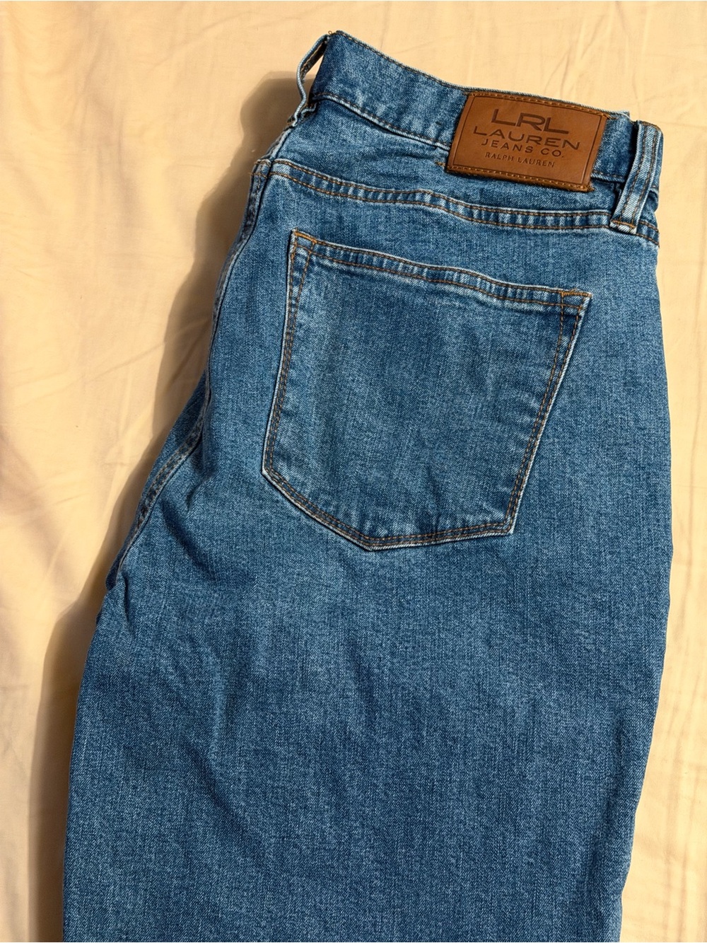 Ralph Lauren Straight Leg Blue Denim Jeans with Leather Patch